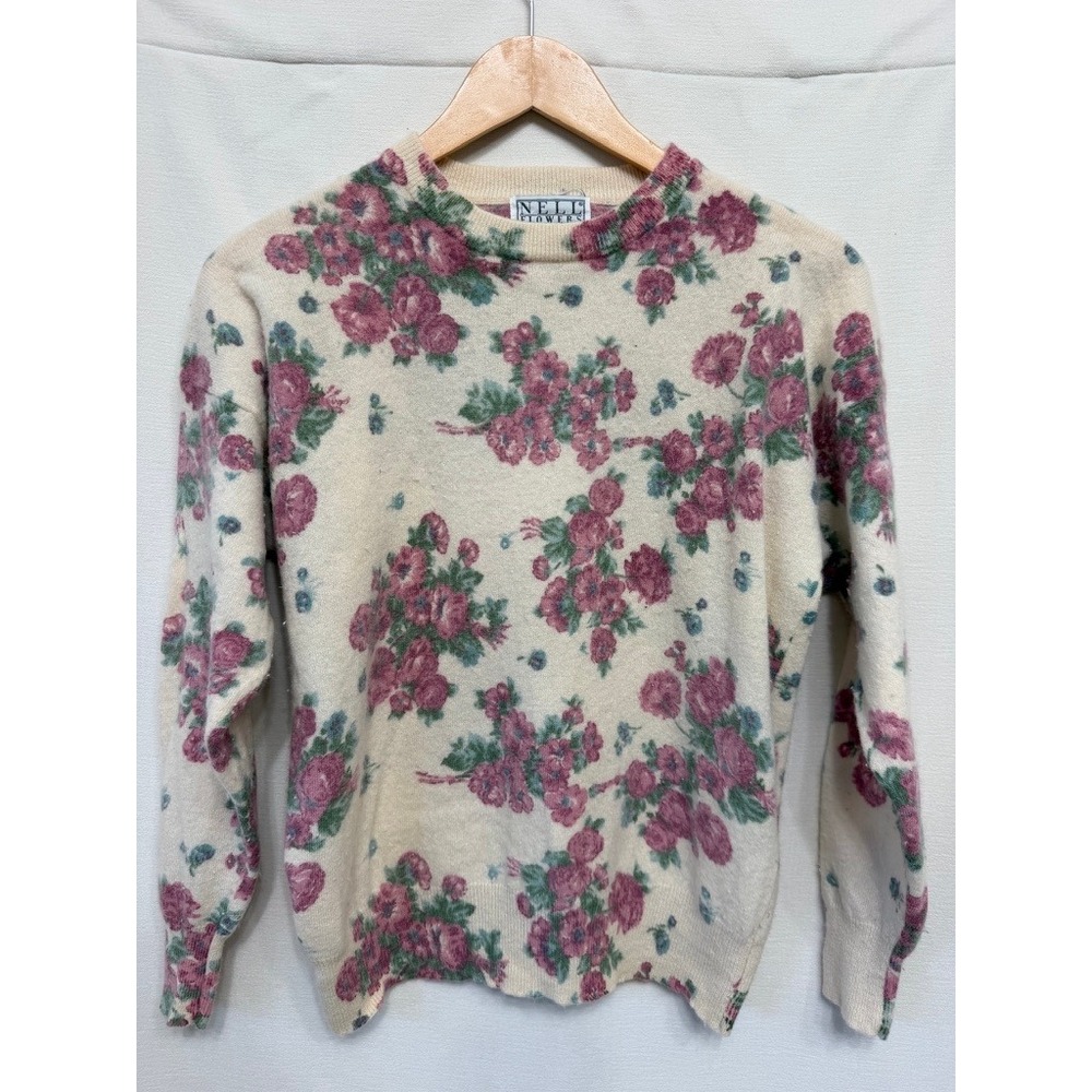 Vtg Nell Flowers JG Hook Lambswool Angora Floral Rose Knit Sweater Cottagecore L